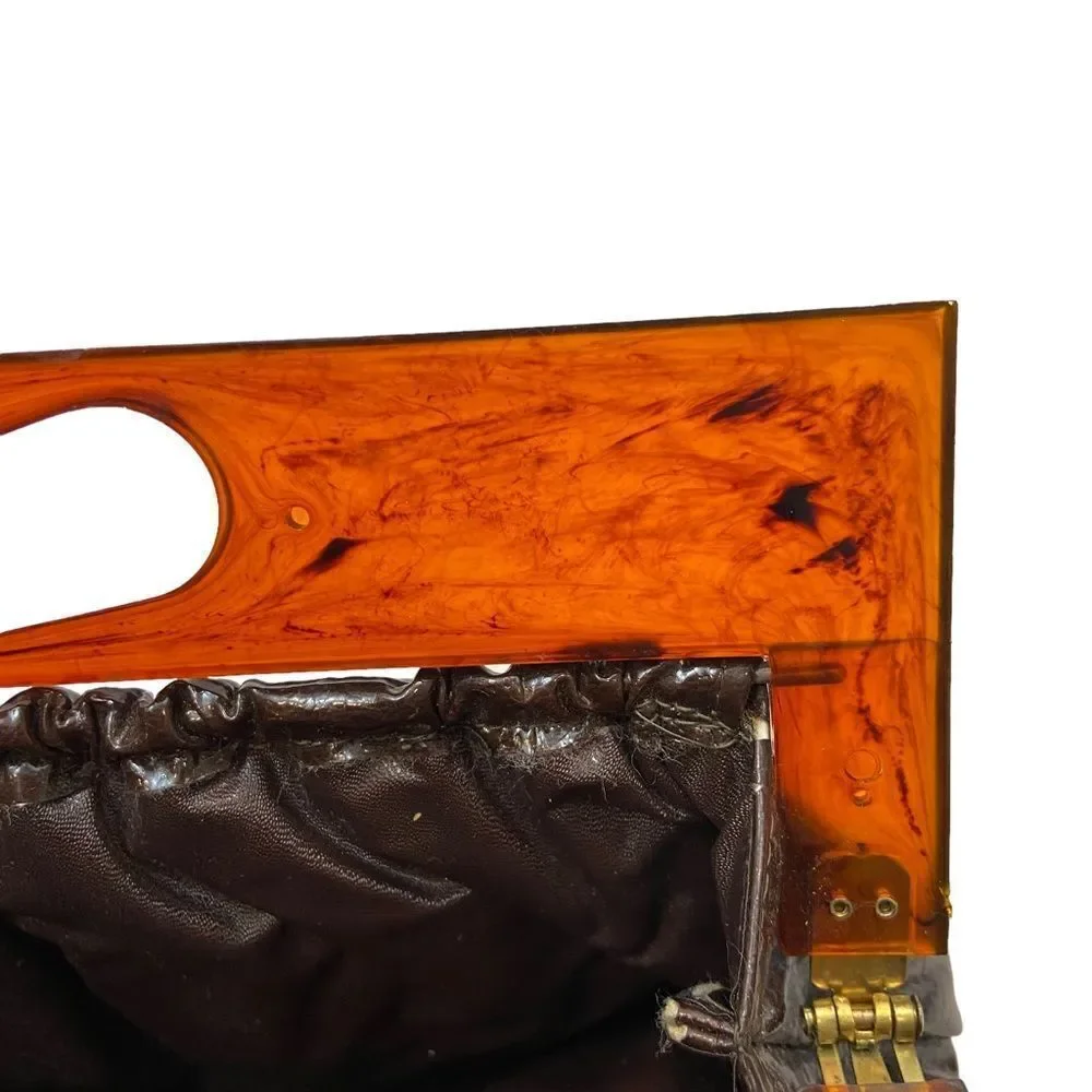 Vintage Brown Vinyl Faux Leather Clutch with Tortoiseshell Plastic‎ Handle 60s